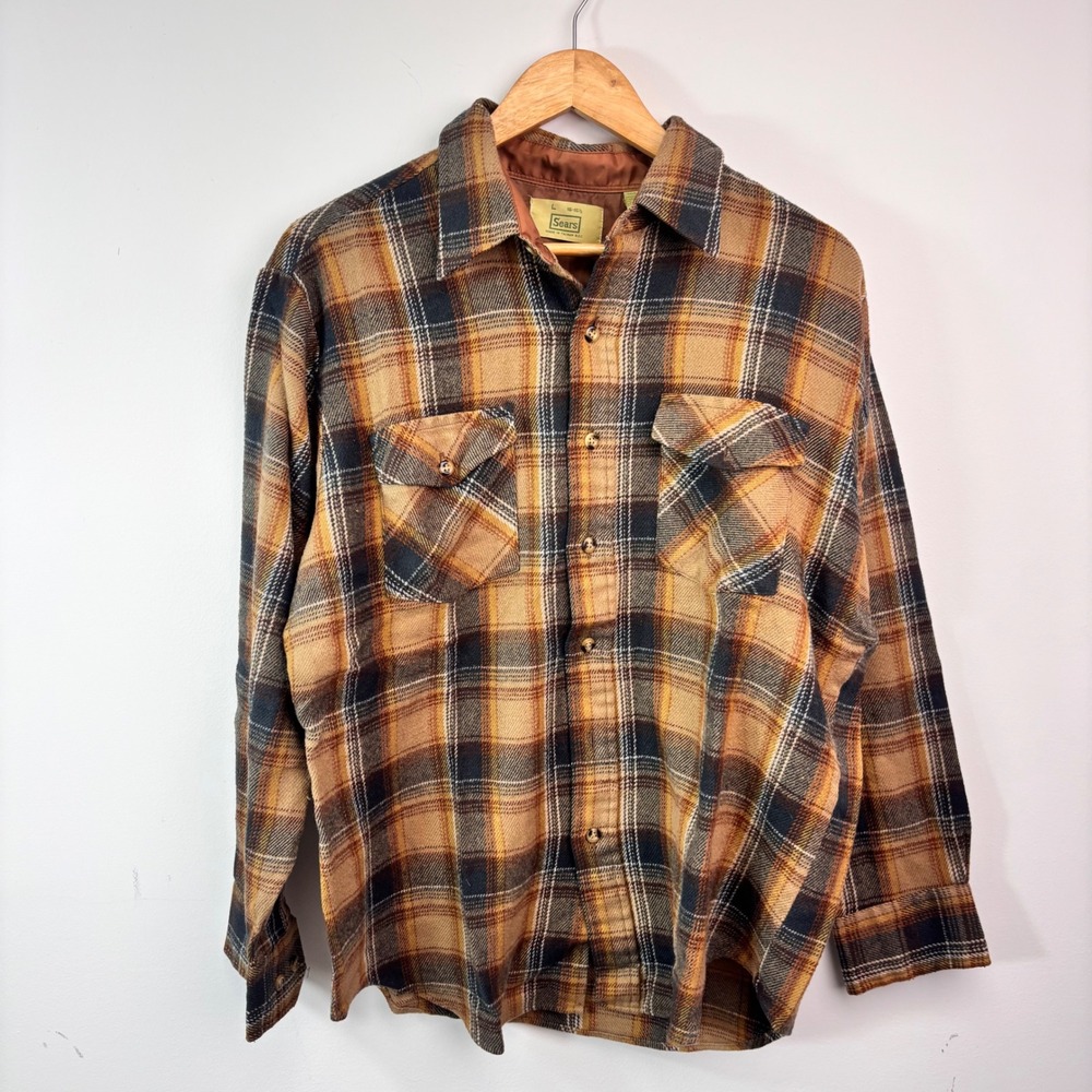 Vtg 70s Sears Plaid Flannel Shirt L Earth Tone Brown Acrylic Grunge Shacket Gorp